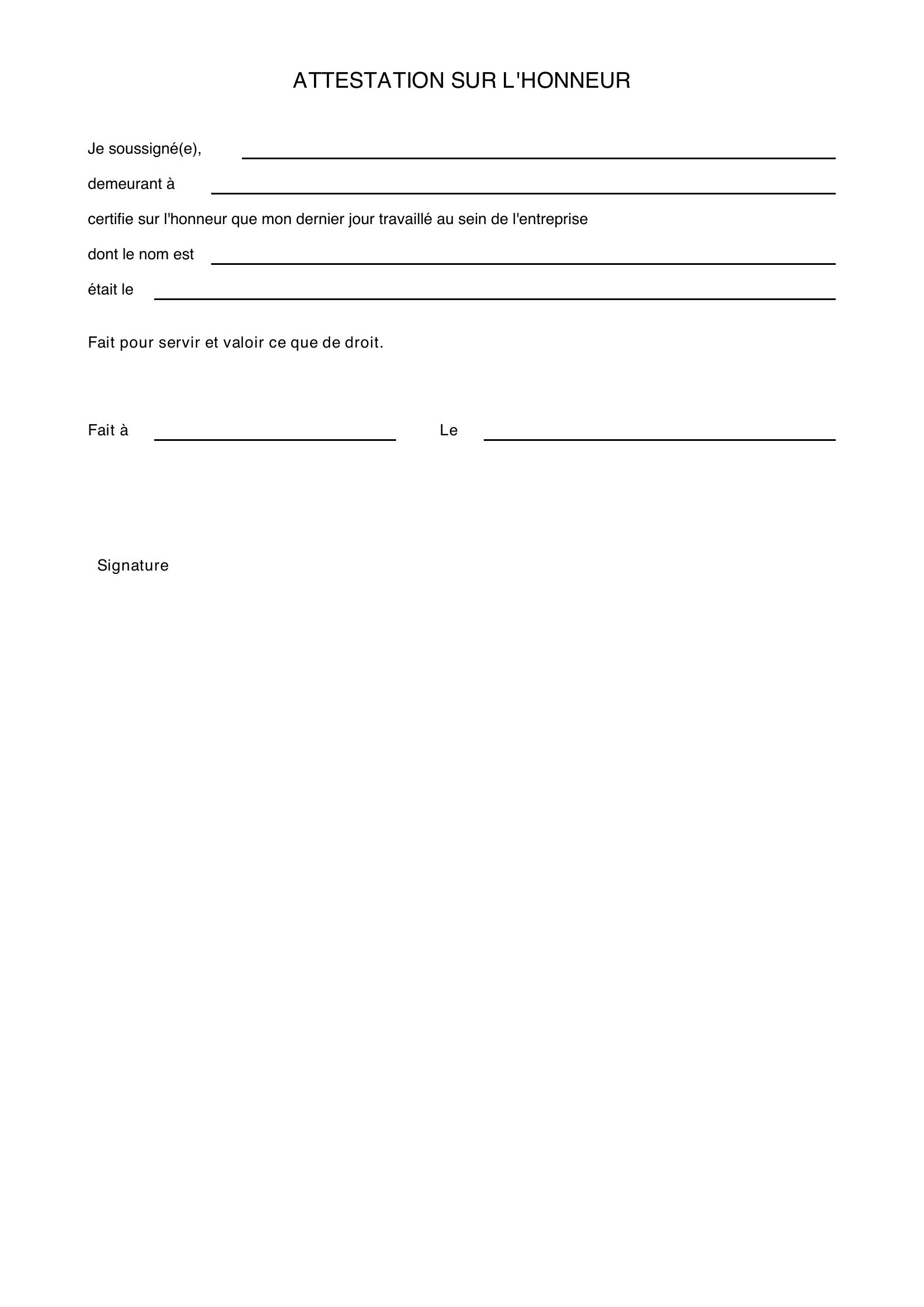 Attestation Sur L'Honneur Dernier Jour Travaillé