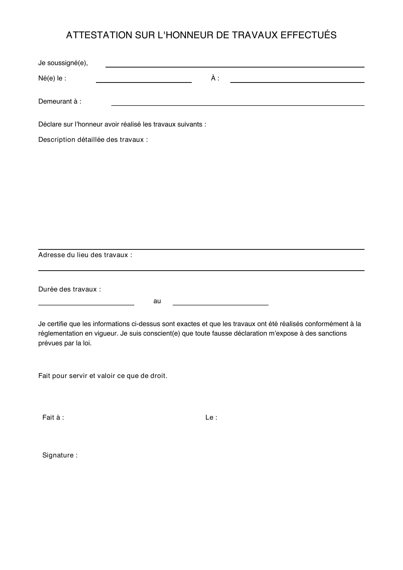 Attestation Sur L'Honneur Travaux Effectués