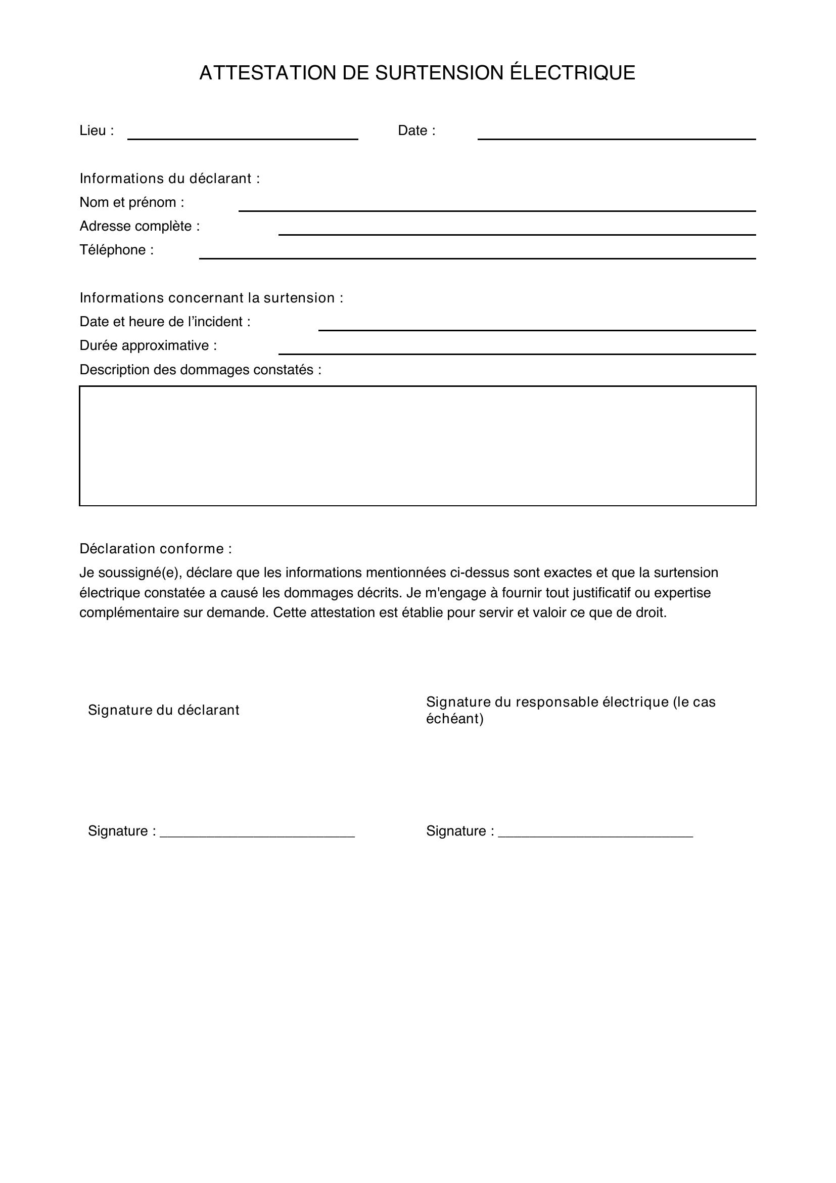 Modèle Attestation Surtension Électrique