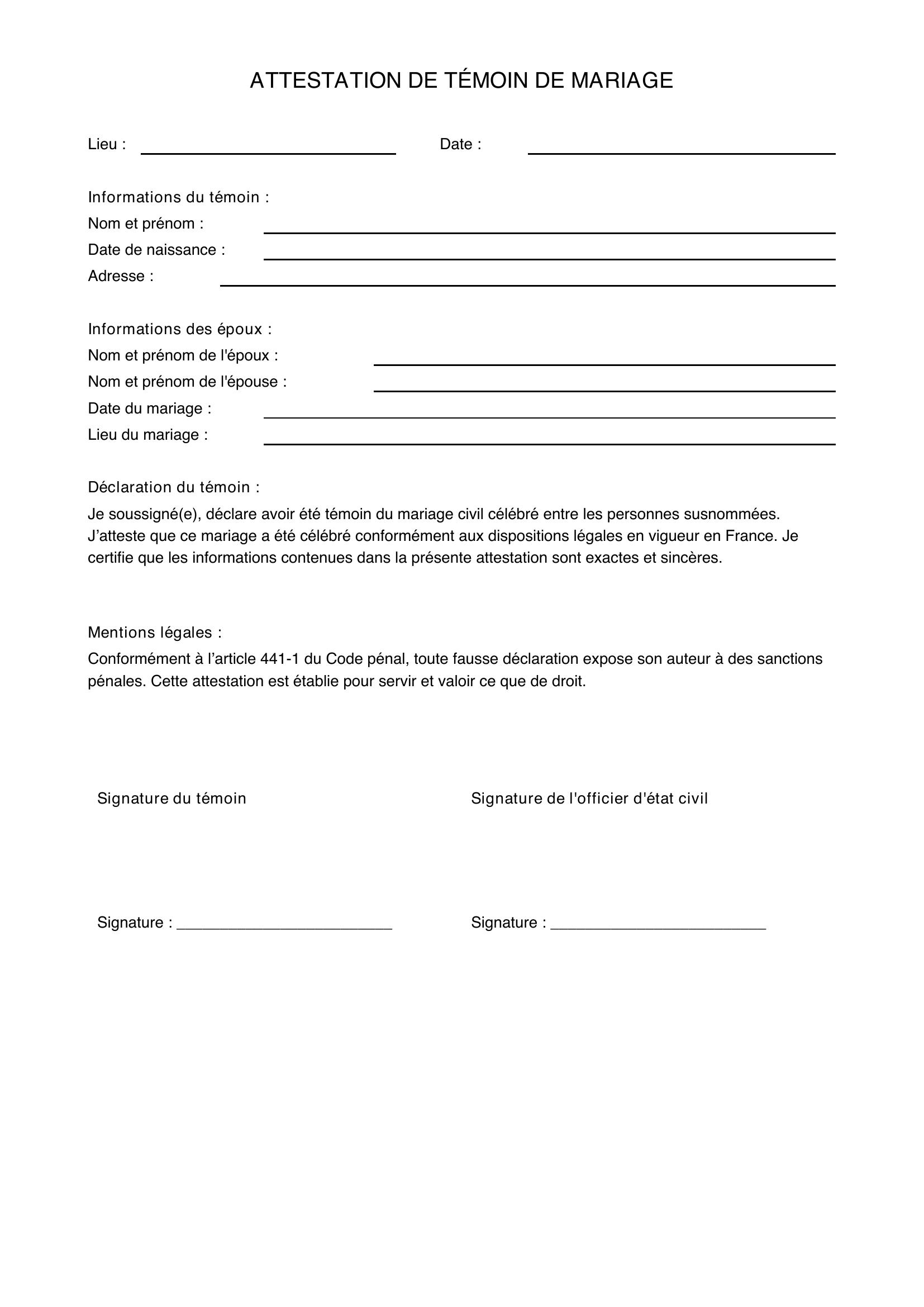 Attestation Témoin Mariage