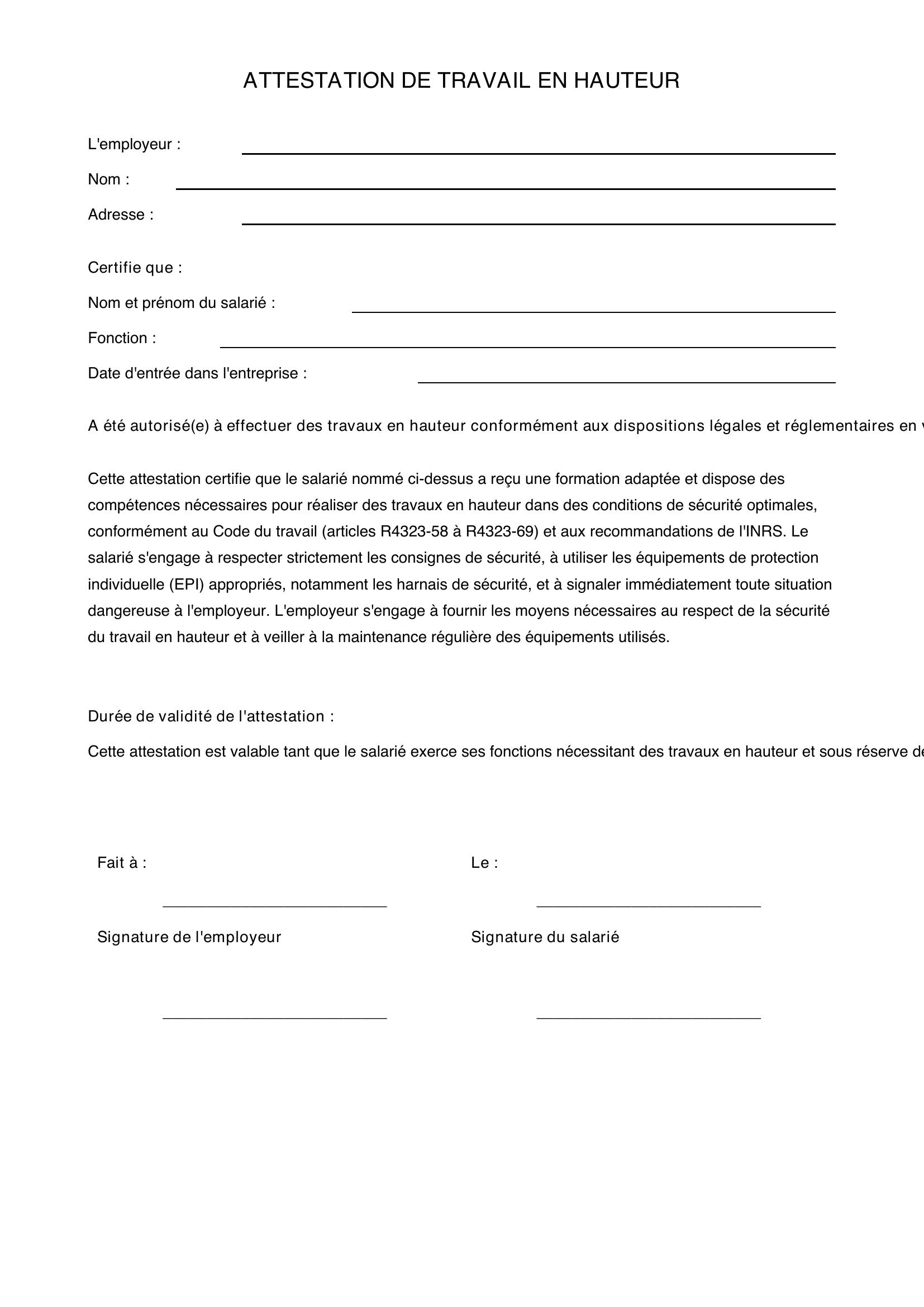 Modèle Attestation Travail En Hauteur
