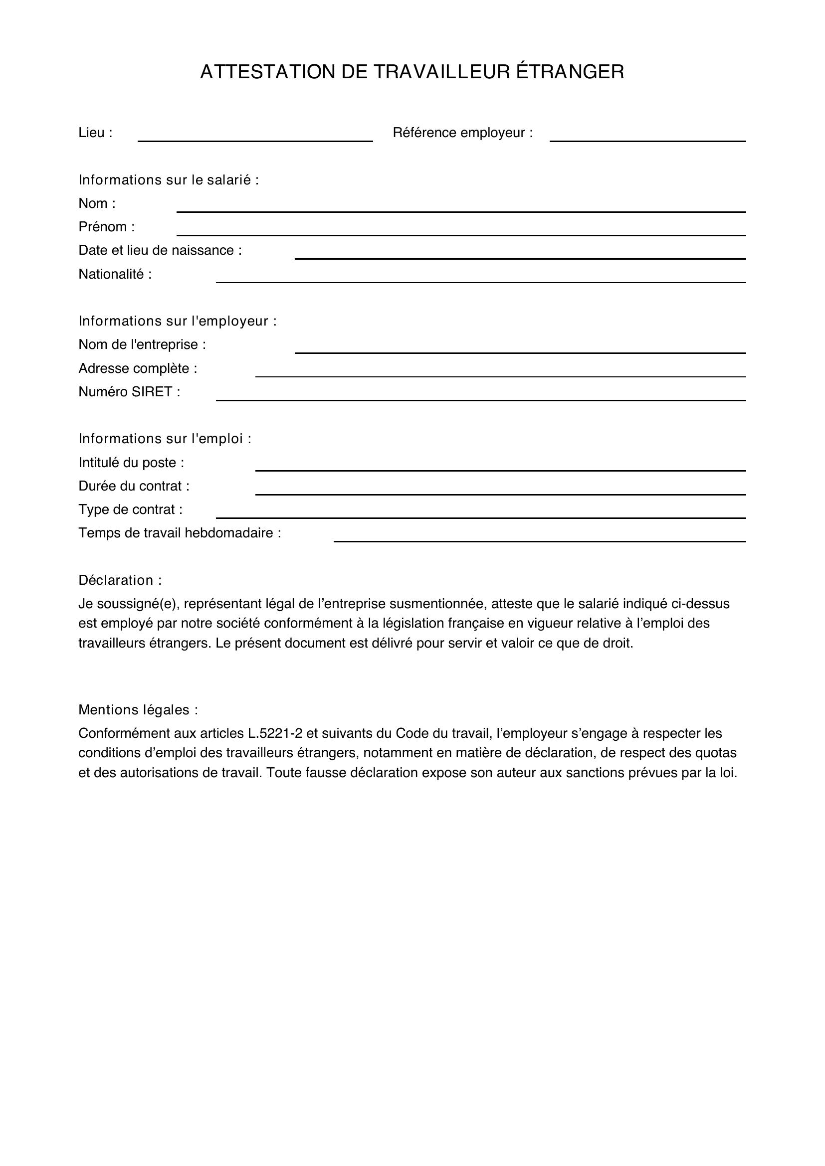 Modèle Attestation Travailleur Étranger